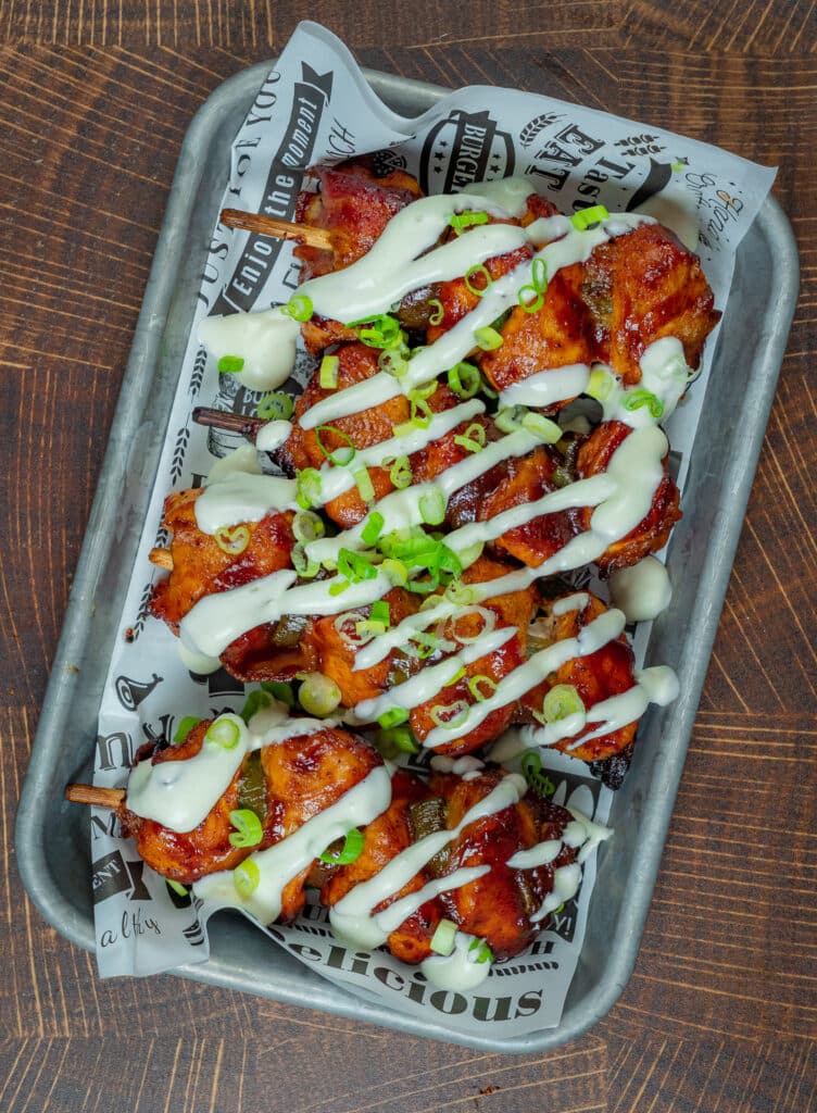 tray of bbq chicken satay with ranch