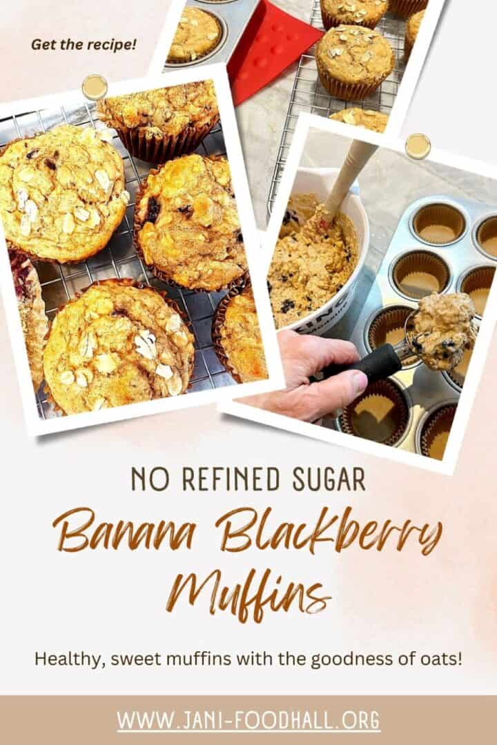 Oat-flecked muffins, muffin tin getting scoops of raw batter on a light pink background with Banana Blackberry Muffins text for Pinterest.