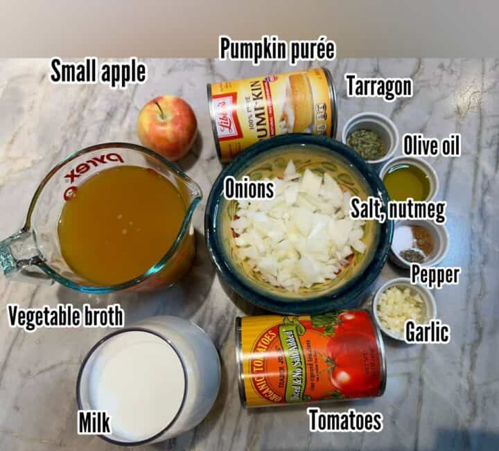 Broth, onions, canned pumpkin and tomatoes, apple, and spices with labels on a bluish marble countertop.