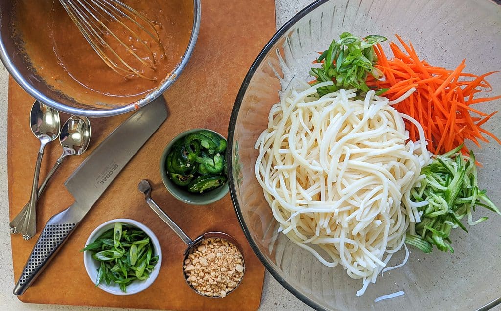 ingredients to make hearts of palm cold sesame noodles
